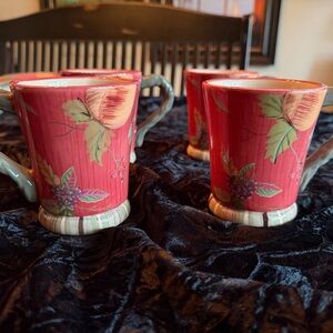 Set of 4 Floral Red Ceramic Mugs with Leaf Detail by Tracy Hill